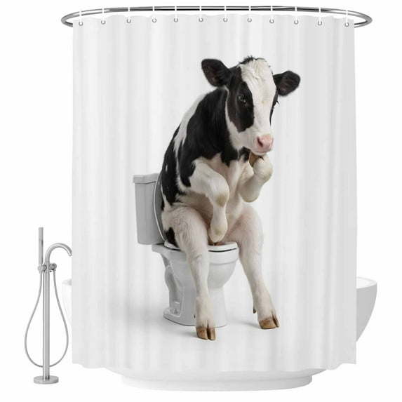 Cow Sitting on The Toilet Thinking Shower Curtain, 72" x 84", Abstract Funny Animal Waterproof Bathroom Curtain Washable Shower Curtain Set with 12 Hooks