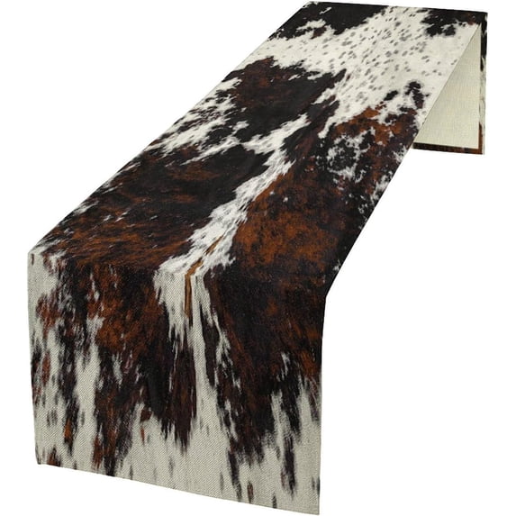 Cow Skin Print Table Runner, Rustic Cottage Country Farm Animal Fur Skin Western Style Black Brown Cowhide Print Dinner Runner for Home Kitchen Dining Table Decoration 13"x108"