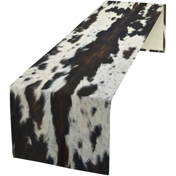 Cow Skin Print Table Runner, Rustic Cottage Country Farmhouse Animal Fur Skin Western Style Black Cowhide Print Dinner Runner for Home Kitchen Dining Table Decoration 13"x70"