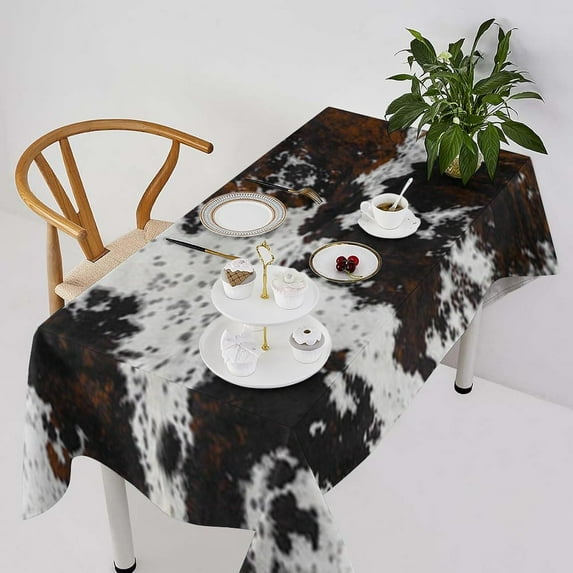 Cow Skin Print Tablecloth, Rustic Cottage Country Farm Animal Fur Skin Western Style Cowhide Print Table Cover, Water Resistant Wipeable Tablecloths for Kitchen Dinning Room Decor