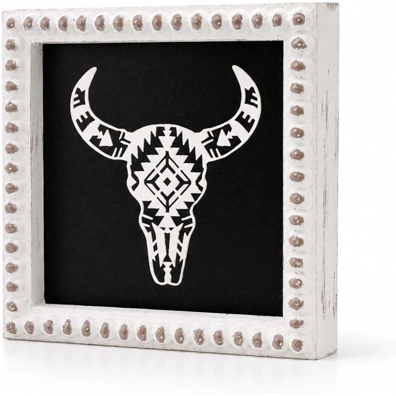 Cow Skull Decor, Wooden Western Sign for Bathroom Shelf | Wood Beaded Frame, Black White Aztec Bull Head Art, Southwestern Rustic Farmhouse Home Decorations for Entryway Table, Mantel