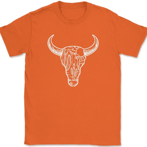 Cow Skull Desert T-Shirt Cowboy Cowgirl AZ Bull Graphic Riding Wrangling Tee - Orange, S