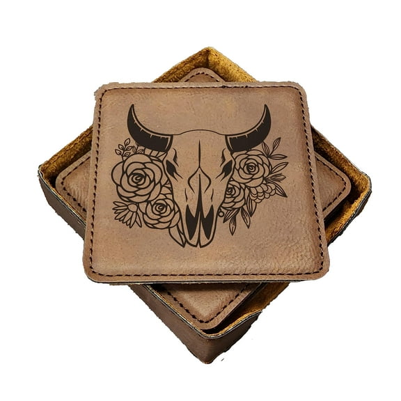 Cow Skull with Flowers Coasters - Handmade Coasters Set of 6 - Engraved Barware Decorations - Leather Bar Decor - Man Cave Father's Day Present (Cork/Black)