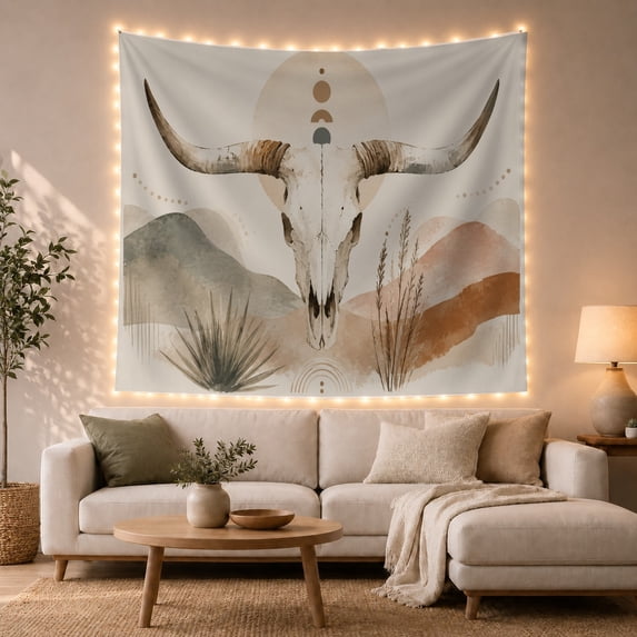 Cow Skull with Golden Sun and Desert Mountains, Serene Minimalist for Southwestern Art Lovers, Earthy Desert Home Decor, Housewarming Gift, Tapestry Wall Hanging for Bedroom and Living Room