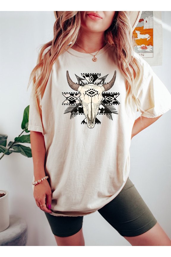 Cow Skull Shirt, Western Aztec Bull Skull Shirt, Rodeo T-Shirt, Country Shirt, Boho Cow Skull, Western Gift, Cowgirl Shirt, Southern Tee, Rodeo