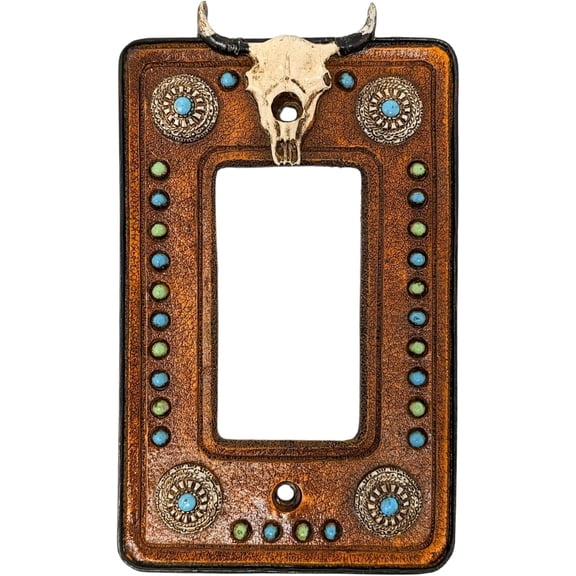 Cow Skull Single Rocker Light Switch Cover – Western Faux Leather Switch Plate with Small Steer Skull & Turquoise Green Gem Accents– Rustic Southwestern Home Décor – Unique Gift for Western Lovers