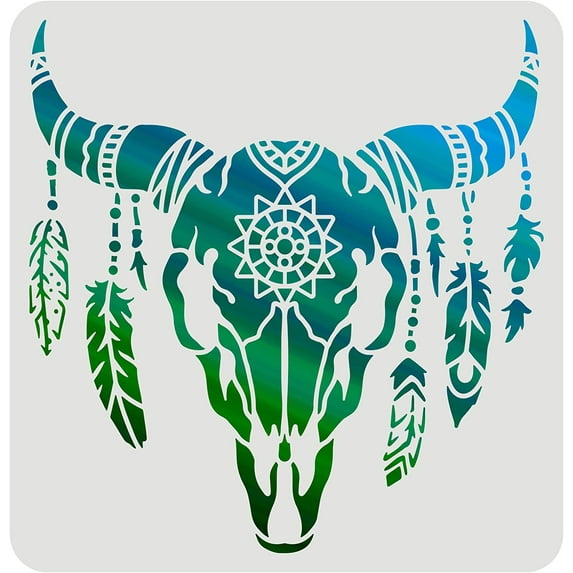 Cow Skull Stencils Template Plastic Feathered Bull Head Drawing Painting Stencils Animal Skull Pattern Stencils for Painting on Wood Floor Wall and Tile