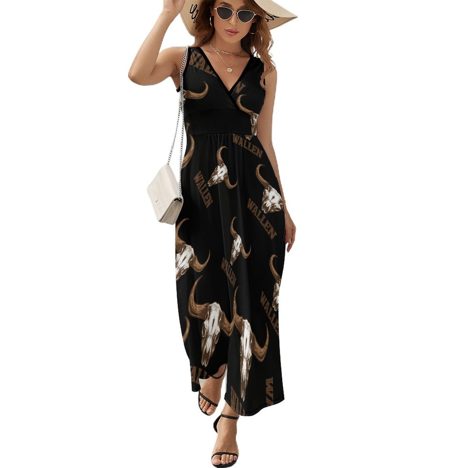 Cow Skull Western Country Music Womens Maxi Dresses V Neck Sleeveless Floral Printed Long Sun Dress Evening Cocktail Party Tank Dress Boho Dresses S Walmart