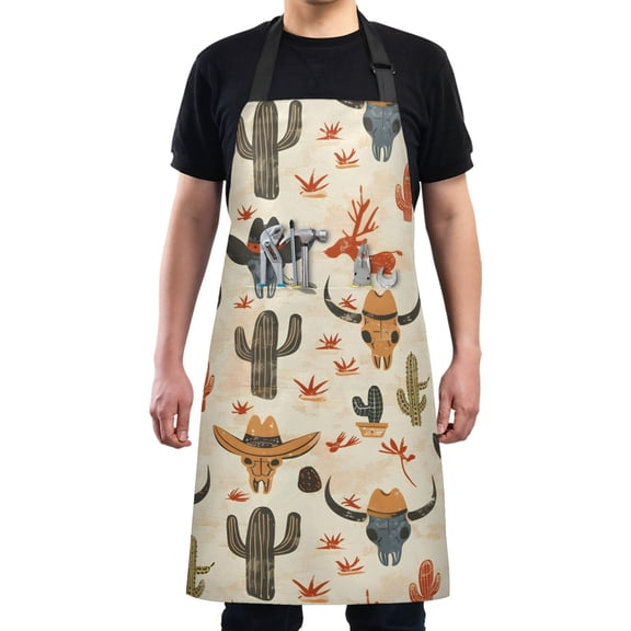 Cow Skull with Hat and Cactus Kitchen Apron with 2 Pockets Adjustable waterproof Cooking Aprons for Women Men Chef