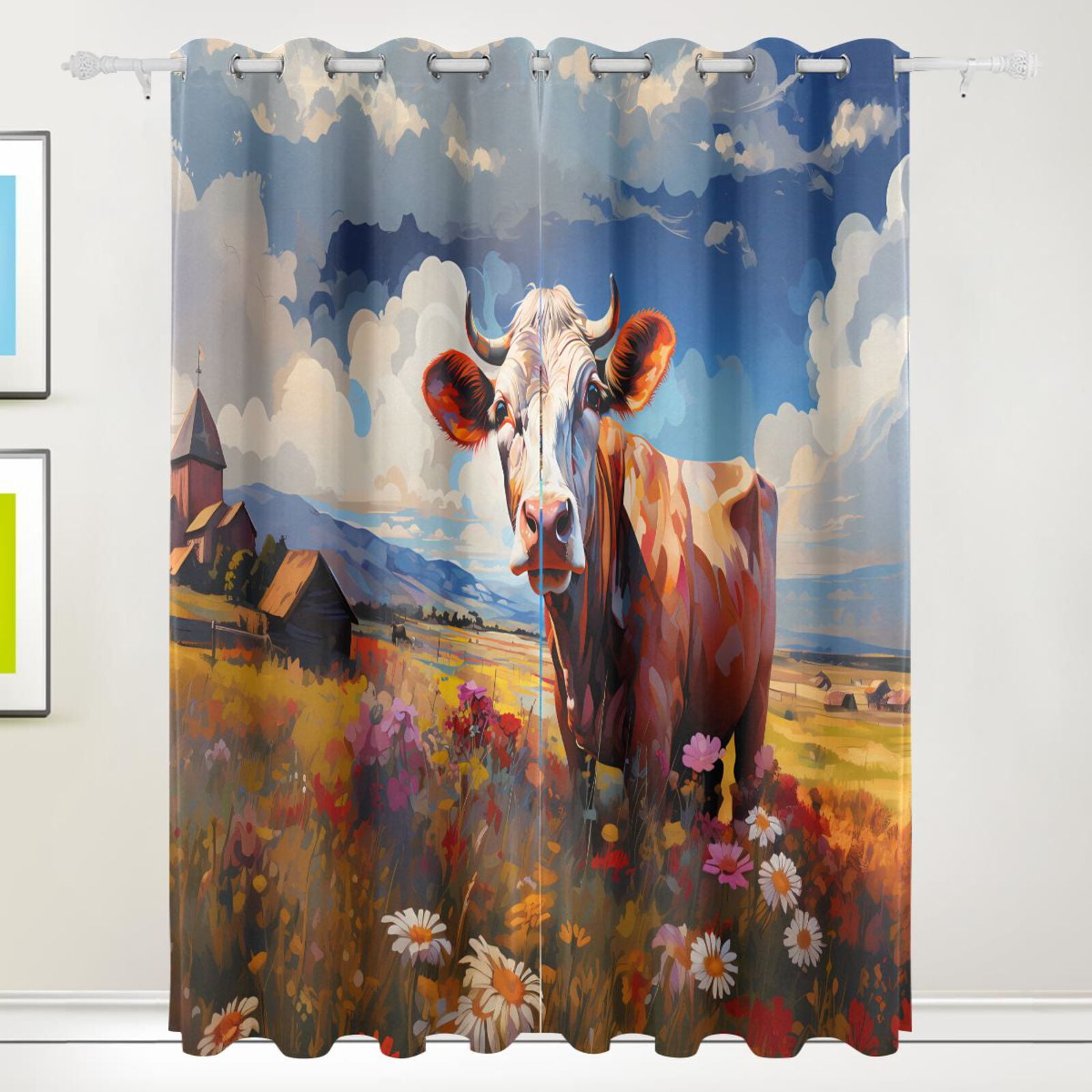 Cow Sky Flowers Grass Houses Black Out Curtains 72 Inch Length Curtains for Sliding Glass Doors Bedroom Living Room 2 Pack