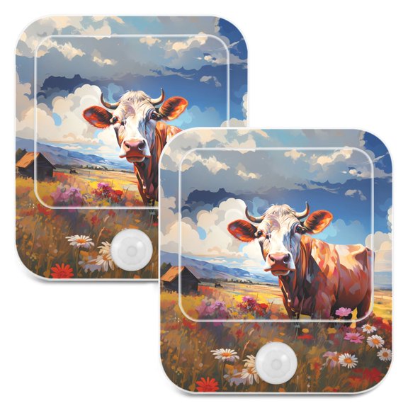 Cow Sky Flowers Grass Houses Night Lights Plug into Wall LED with Auto Light Sensor Warm Light for Kids Hallway Bedroom Living Room Kitchen Bathroom Set of 2