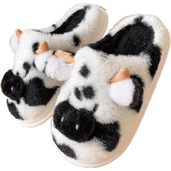 Cow Slippers, Cow Print Slippers for Women, Cute Animal Fuzzy Cartoon House Shoes, Soft Plush Indoor Shoes for Bedroom