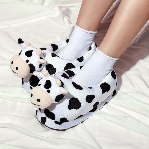 Cow Slippers For Women Cartoon House Slippers Fluffy Cute Slippers Warm Soft Plush Lined Shoe Black One Size