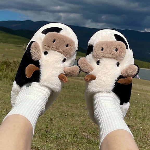 Cow Slippers For Women Men Cute Fluffy Animal Slippers Warm Winter Wear Home Cozy Furry Soft Indoor Kawaii Shoes White 41