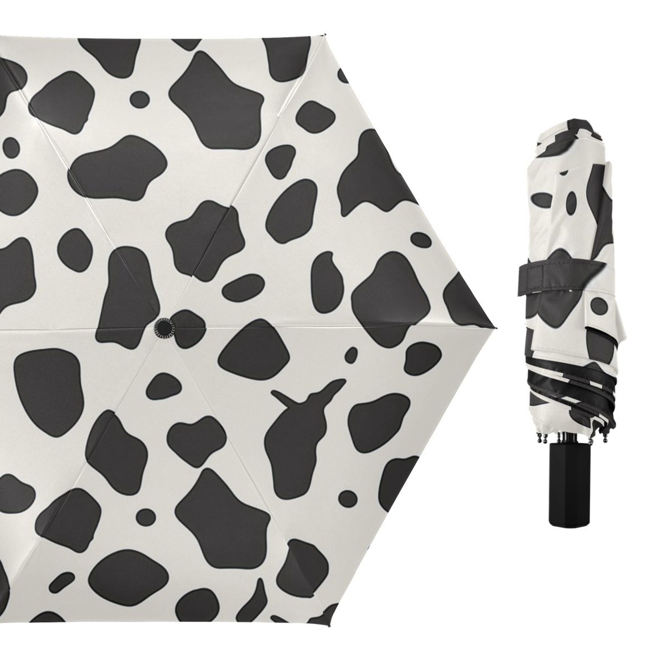 Cow Spots All Weather Umbrella Triple Folding Parasol 6 Ribs UV Protection Portable