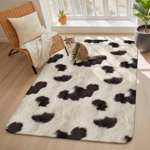 Cow Spots Area Rugs for Living Room 5x6, Fluffy Animal Skin Washable Area Rug with Non Slip Backing, Stain Resist Linen Carpet for Bedroom, Dining Room, Entryway, Entrance