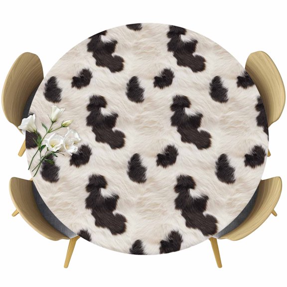 Cow Spots Round Fitted Table Cover Fluffy Animal Skin Waterproof Table Cloth with Elastic Edge Wipeable Tablecloth for Picnic Camping Party Fits 36"-44" Diameter