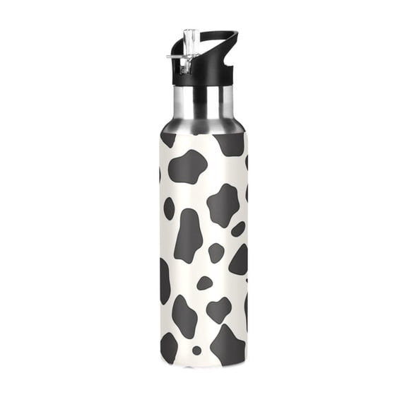 Cow Spots Sports Bottle with Straw Stainless Steel Water Jug Portable Thermal Cup Leak-proof 600ML