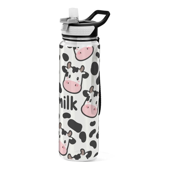 Cow Spotted Milk Pattern Sport Water Bottle Tritan with Straw 1000ml Portable for Outdoor Daily Use