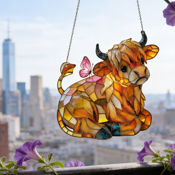 Cow Stained Acrylic Window Hanging,Farm Ornament With Butterflys Decorative Suncatcher For Kitchen Living Room Garden Window Home Decor Gift for Cow and Nature Lovers Birthday Christmas-B