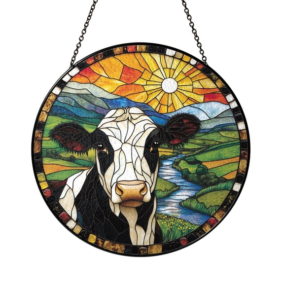 Cow Stained Glass Panel Countryside Farm Landscape Decorative Glass Window Art for Home Interior Display