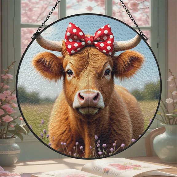 Cow Stained Glass Window Hanging 8 Inch Suncatcher Glass Panel with Chain Round Sun Catchers Indoor Wall Art Home Decor Gift for Lovers Couples Women Mother's Day