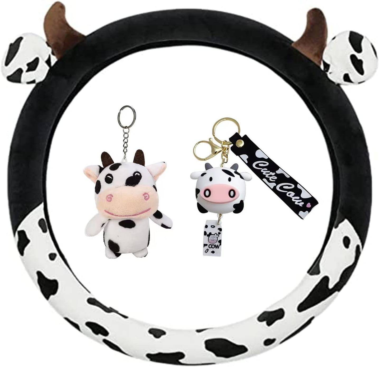 Cow Steering Wheel Cover with Horns - Cow Steering Wheel Cover, Fit 15 Inch Anti Non-Slip Sweat Auto Steering Wheel Protector with 2pcs Cow Keychain (Black)