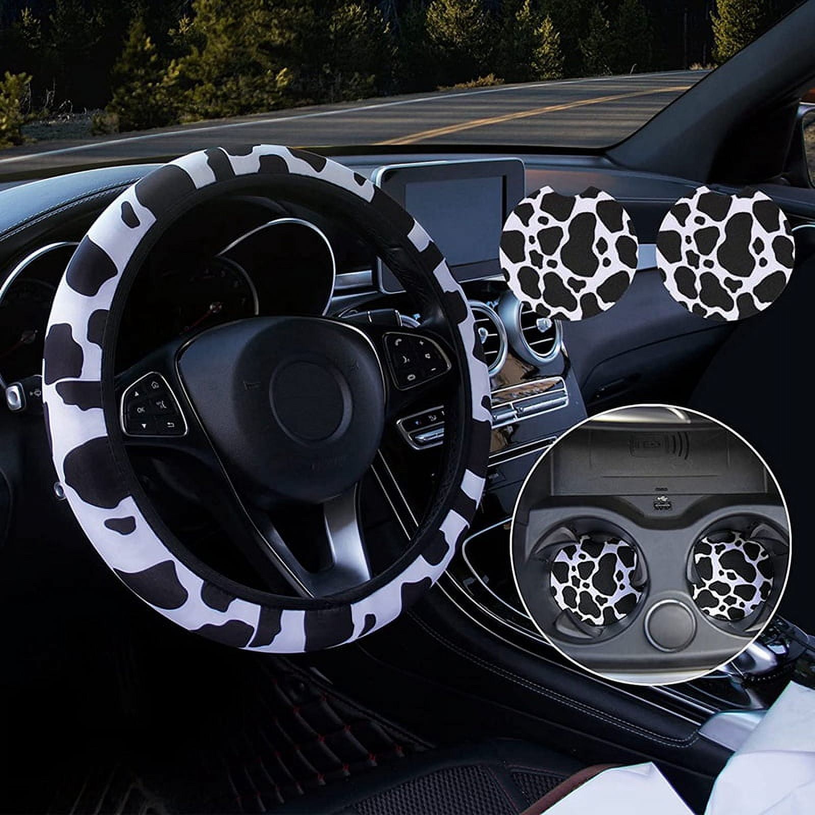 Cow Steering Wheel Cover for Women with 2PCS Car Coasters, Universal