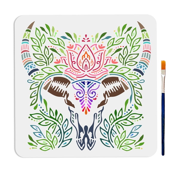 Cow Stencil 11.811.8inch Leaves Bull Head Drawing Stencils with Paint Brush Reusable Mandala Lotus Flower Leaves Painting Template