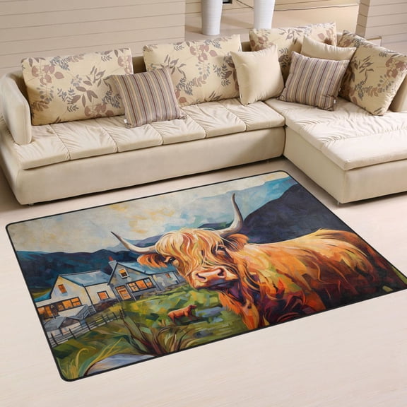Cow Stone Grass Houses Area Rug Washable Floor Carpet Mat 60 x 39 inch for Bedroom Living Room Kids Room Home Decor
