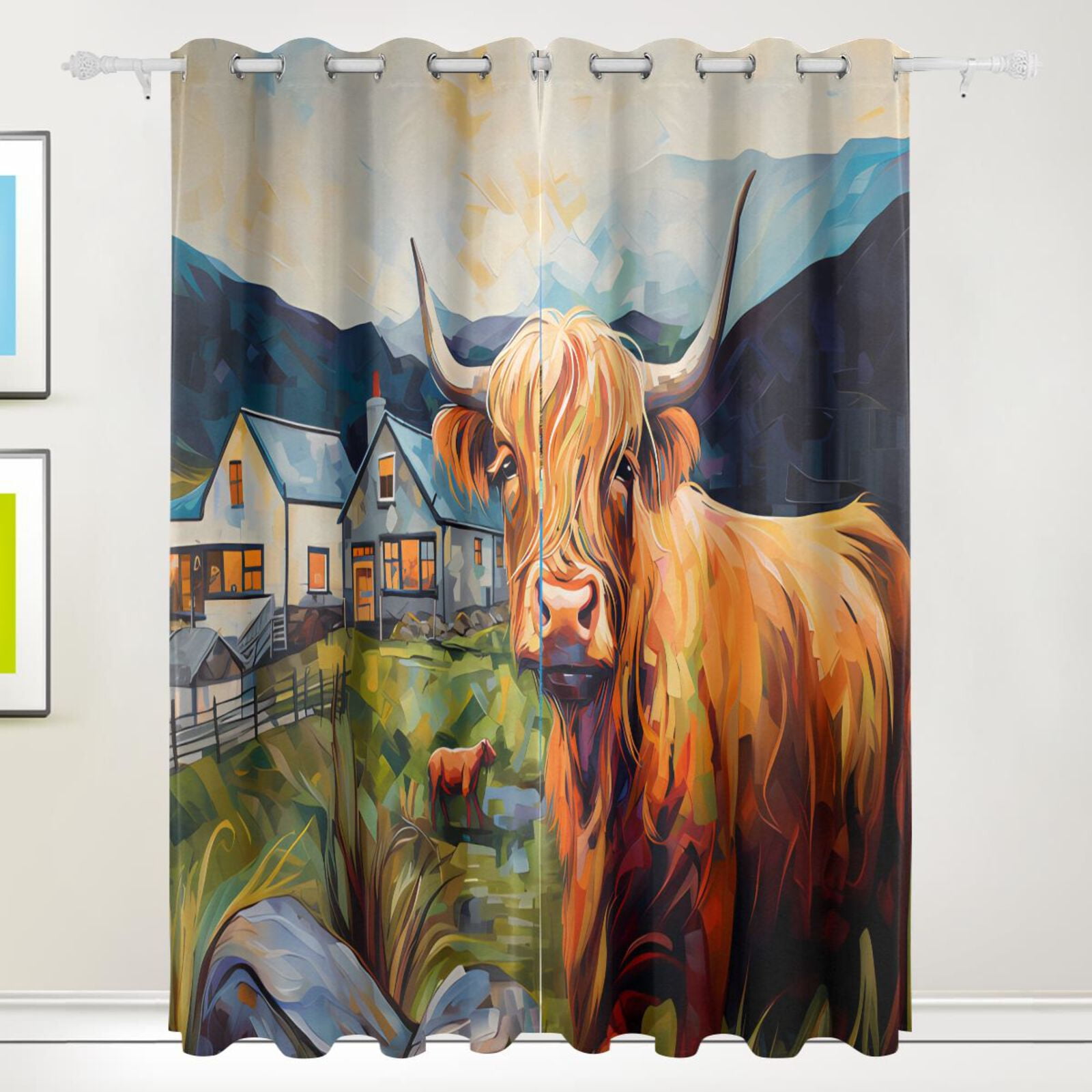 Cow Stone Grass Houses Black Out Curtains 72 Inch Length Curtains for Sliding Glass Doors Bedroom Living Room 2 Pack