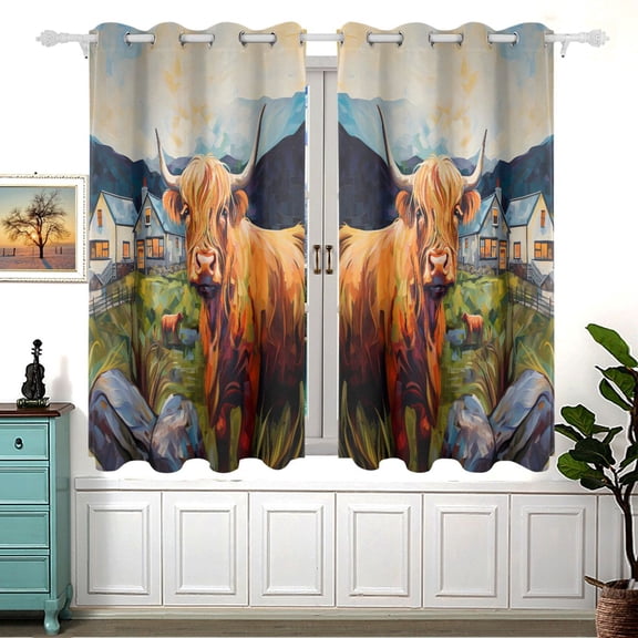 Cow Stone Grass Houses Curtain Black Out Thermal Insulation Curtains Aesthetic 54 Inch Length for Bedroom Living Room 2 panels set