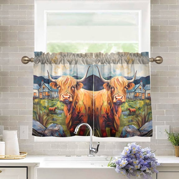 Cow Stone Grass Houses Kitchen Curtains Half Tier Curtain 2 Rod Pockets Bathroom Bedroom Cupborad Living Room 27"x36"