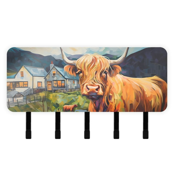Cow Stone Grass Houses Mail Holder Organizer Wall Mount with Shelf Key Holder Key Rack with 5 Key Hooks for Wall Decorative