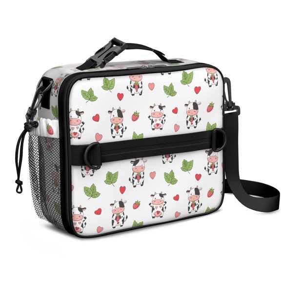 Cow Strawberry Heart White Insulated Lunch Bag with Shoulder Strap & Bottle Holder, Bento Lunch Box for School, 11 X 9.5 X 3.5 Inches
