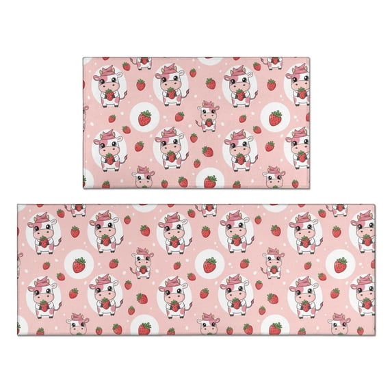 Cow and Strawberry Pink Pattern Anti Fatigue Kitchen Rugs Set Of 2, Non Slip Washable Decorative Floor Mats for Kitchen Sink Laundry, 17"x30" and 17"x47"