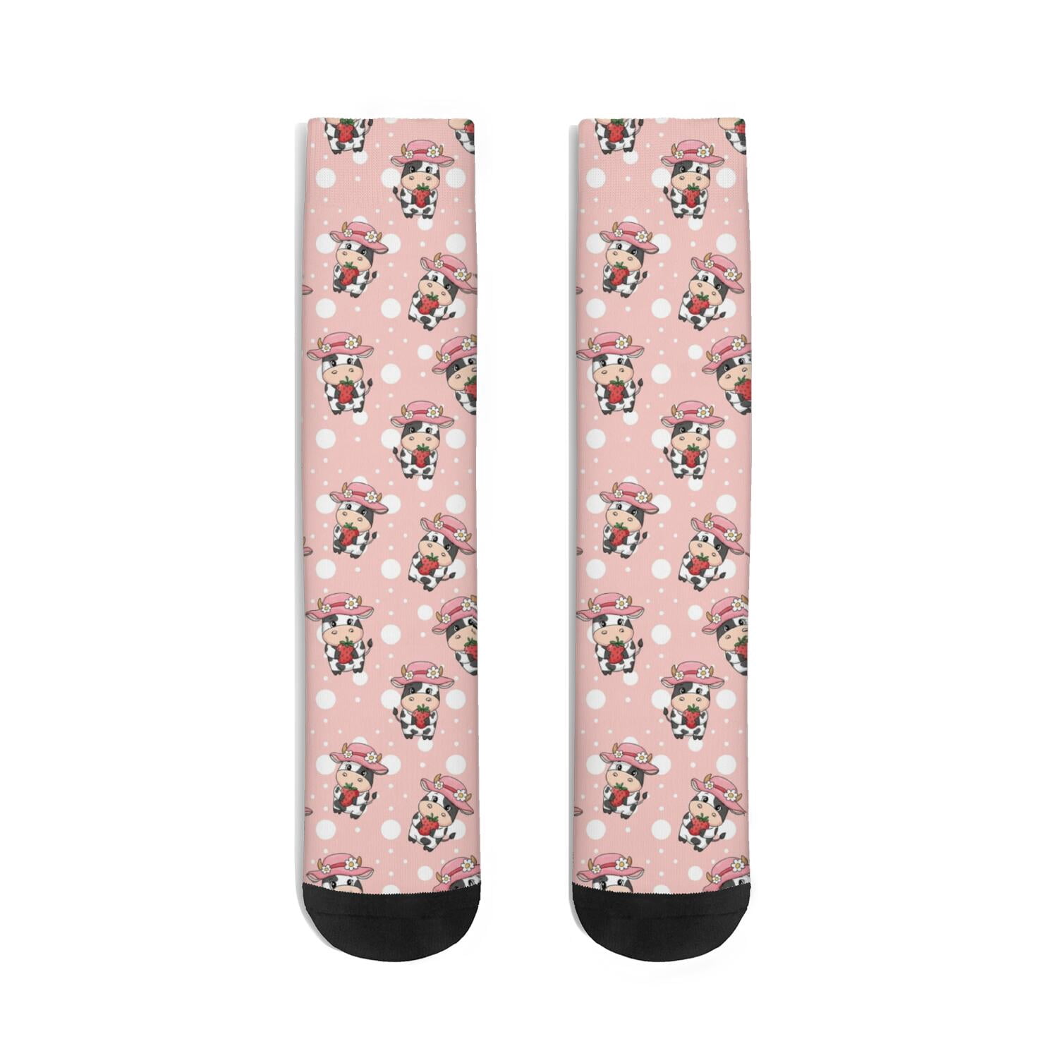 Cow and Strawberry Pink Pattern Men's Mid-calf Crew Socks, Everyday ...