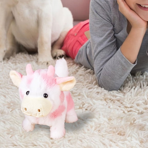 Cow Stuffed Animal Soft Short Hair Interactive Toy With Motion & Sound Cute Farm Animal For Kids, 17 cmx18 cm, Pink