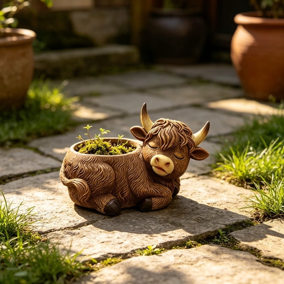 Cow Succulent Pot Novelty Animal Shaped Planter With LyingDown Highland Cow Sculpture Design Boho Garden Planter For Indoor Outdoor Balcony Yard Patio Decoration
