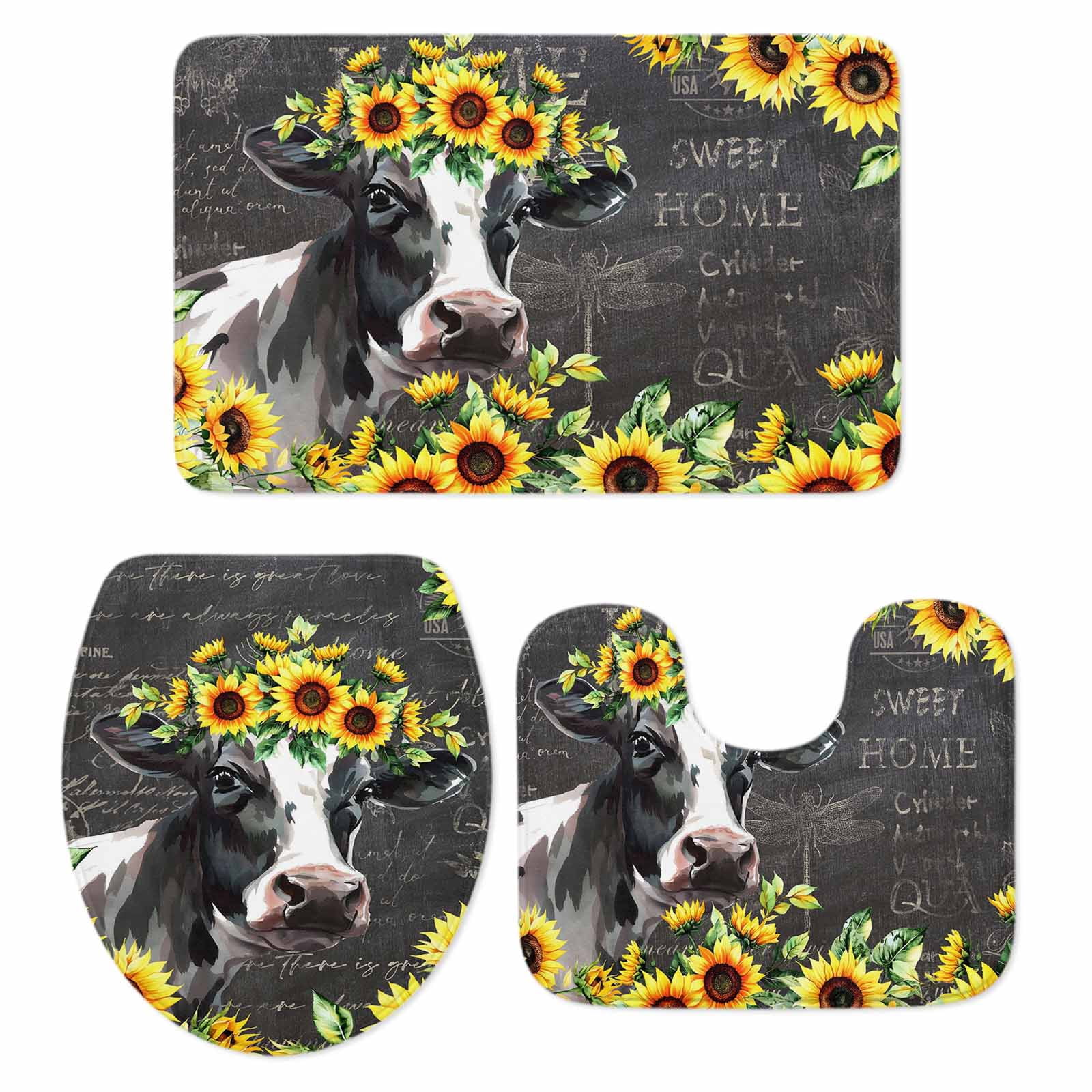 Cow Sunflower Bathroom Rugs Set Plant Farm Flower Non Slip Absorbent ...