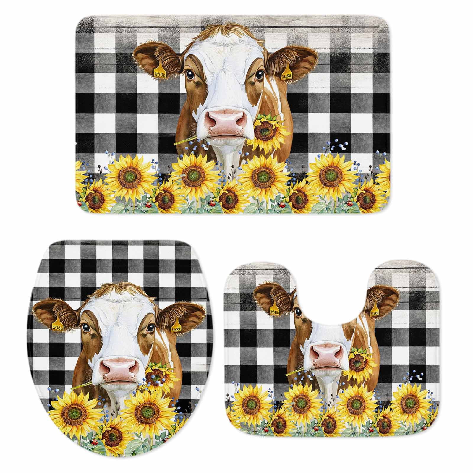 Cow Sunflower Bathroom Rugs Set Plant Farm Flower Non Slip Absorbent ...