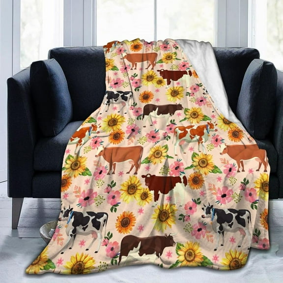 Cow Sunflower Flower Throw Blankets Flannel Fleece Blanket 50"X40" for Bedding,Couch,Sofa,Bed,Warm Throw Blanket for Kids Room A Great Gift Decorations