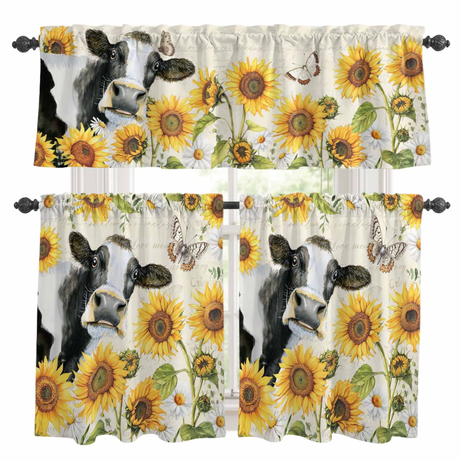 Cow Sunflower Kitchen Curtains Valances and Tiers Set of 3 Farmhouse ...