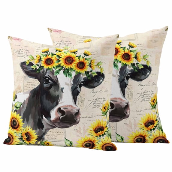 Cow Sunflower Pillow Covers 2 Pack Plant Farm Flower Pillowcase Waterproof Outdoor Throw Pillow Cover for Patio Garden Square Cushion 26”x26”