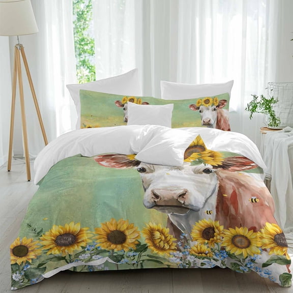 Cow Sunflower Queen Size Comforter Set, Country Style Green Farmhouse Bedding for All Seasons, 4 Pcs Bed Set, 1Quiltcover (90"x92") ,1Sheet(94"x116"), 2Pillowcases (30"x20")