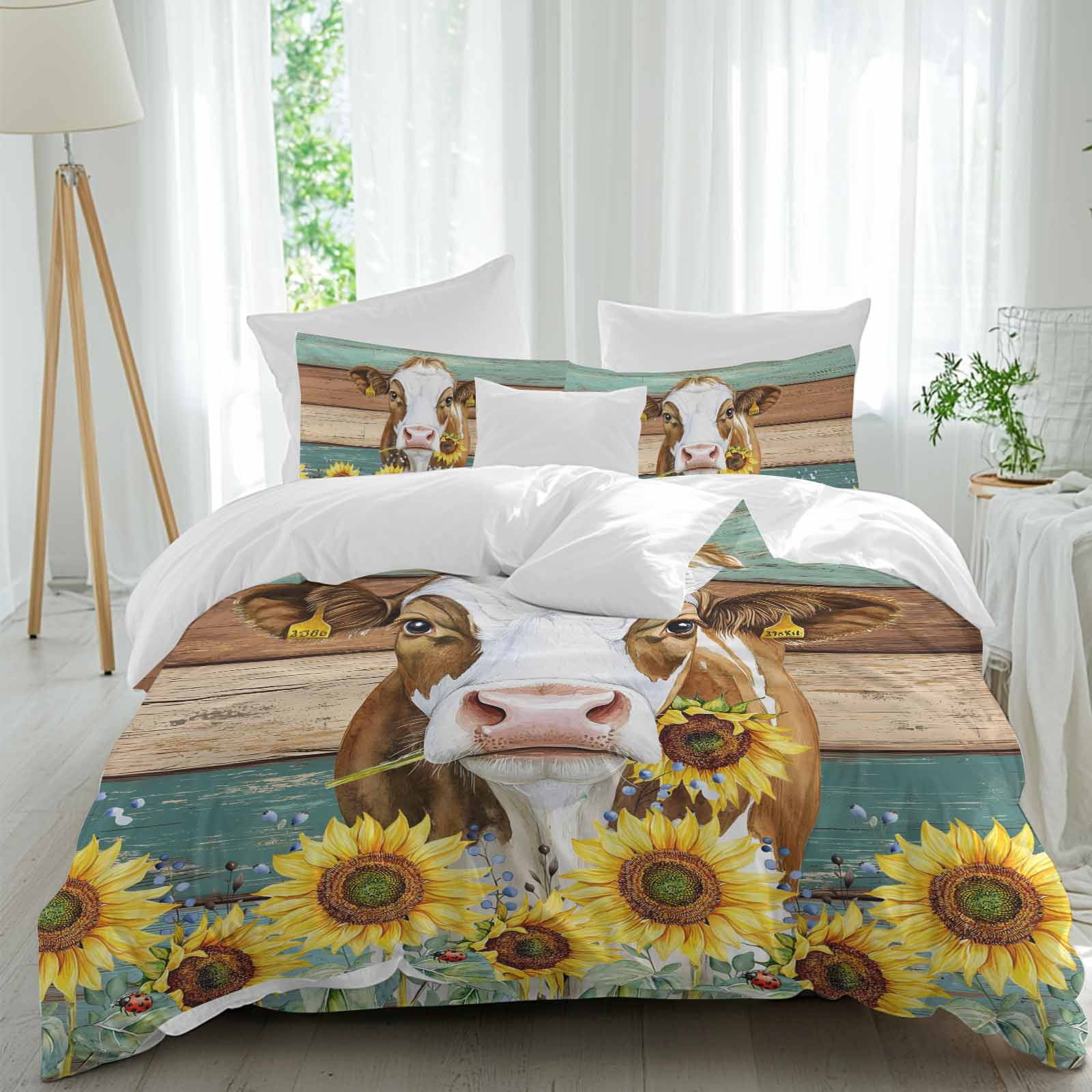 Cow Sunflower Queen Size Comforter Set, Plant Farm Flower Wood Grain ...