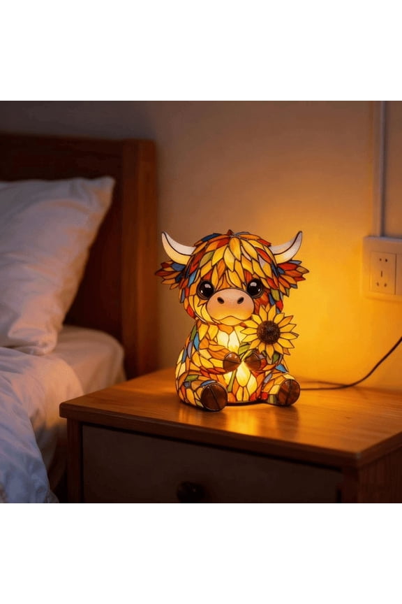 Cow Sunflower Stained Glass Night Light with Artisan Craftsmanship and Gentle Warm LED Illumination, Whimsical Animal-Themed Desk Lamp for Bookshelf Office Nursery Shelf Decor and Unique Gift