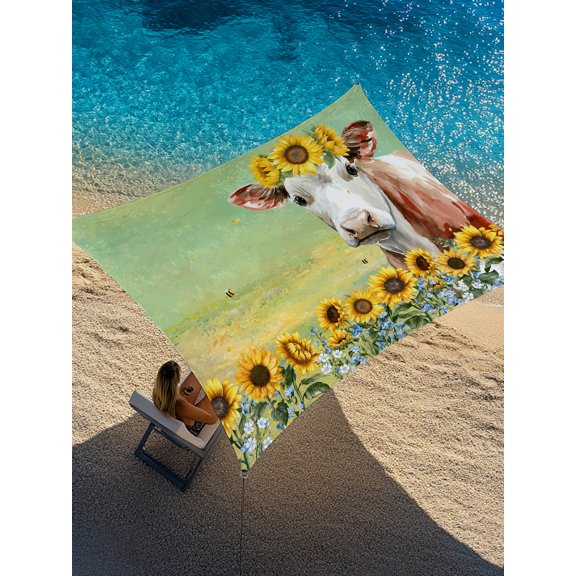 Cow Sunflower Sun Shade Sail 6.5' x 10', Country Style Green Farmhouse Rectangle Outdoor Sunshade Canopy, Waterproof UV Block Patio Covers for Garden Yard Beach