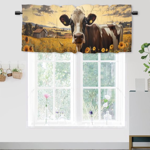 Cow Sunflower Thermal Insulated Window Curtain Valance Rustic Western Wooden Barn Farm Animal Rod Pocket Window Valance for Living Room Bathroom Bedroom Kitchen 54 by 18 in, 1 Panel