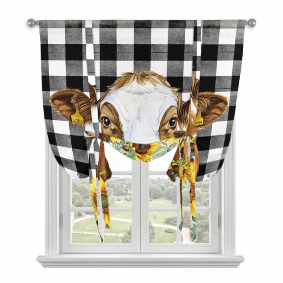 Cow Sunflower Tie Up Curtain for Window, Plant Farm Flower Adjustable Tie Up Balloon Curtain Valances Rod Pocket Window Treatment for Kitchen Bathroom Bedroom 42"x54"